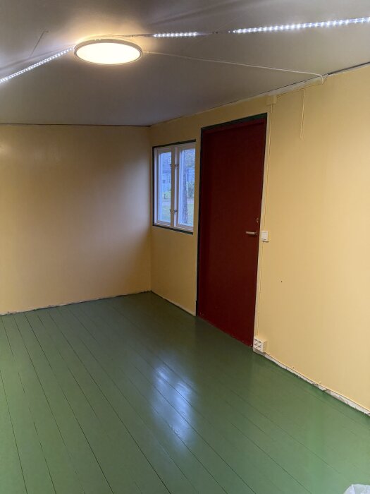 Grönmålat trädgårdsbodgolv med ljusgul vägg och röd dörr. Modern takbelysning och fönster som släpper in naturligt ljus.
