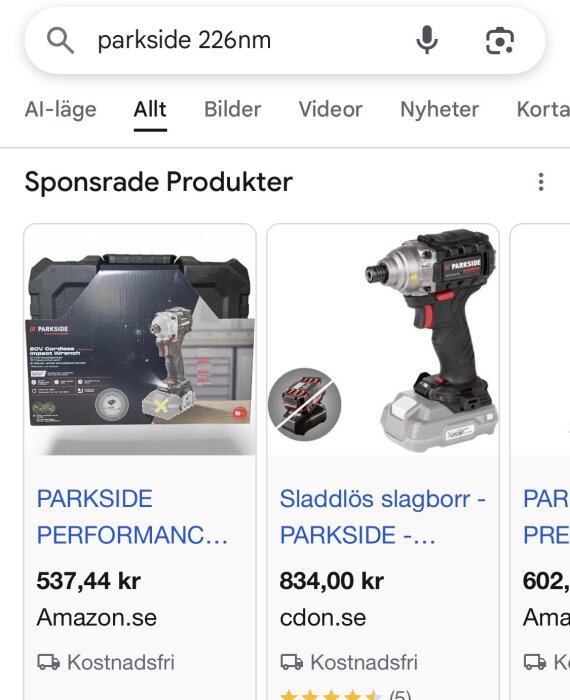 Parkside 226Nm sladdlös slagborr visas i en onlinebutikssida med pris och leveransinfo.