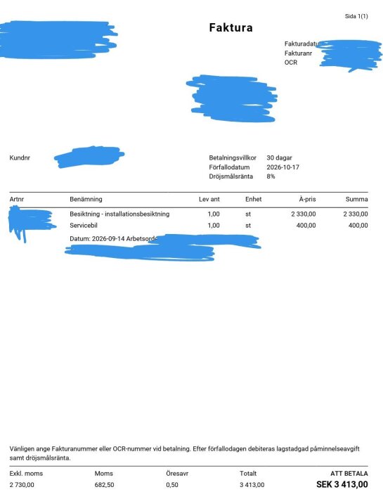 Faktura för besiktning och servicebil, med separata kostnader för varje tjänst. Total kostnad 3 413 kr, inklusive moms och öresavrundning.