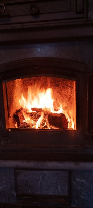 Brinnande ved i en gjutjärnskamin, med klart lysande flammor som ger en känsla av värme och hemtrevnad.
