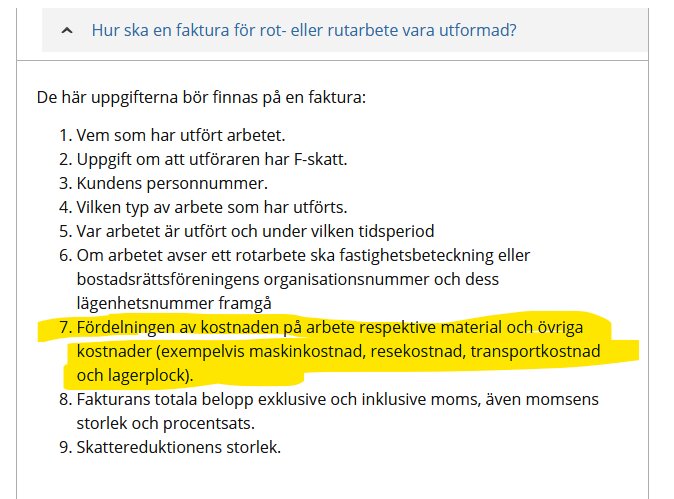 Lista över obligatoriska uppgifter för fakturor gällande rot- och rutarbete, med punkt 7 markerad: fördelning av kostnader.