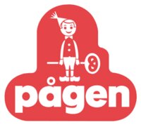 En röd logotyp med texten "pågen" och en tecknad figur som håller en nyckel.