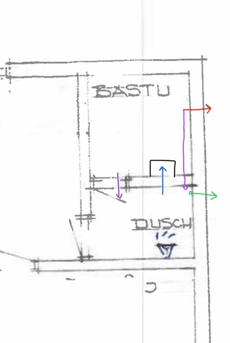 Ritning över dusch och bastu med färgade pilar som visar ventilationsförslag: lila genom väggen, blå mellan rummen, grön och röd genom ytterväggar.