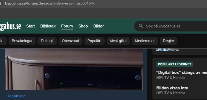 Forumets navigeringsmeny visas tillsammans med en listpanel som visar "populärt i forumet", med tråden "Bilden visas inte".