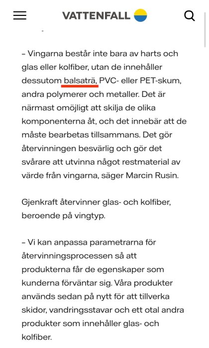 Text om återvinningsprocesser för kompositmaterial; innehåller balsa, PVC.