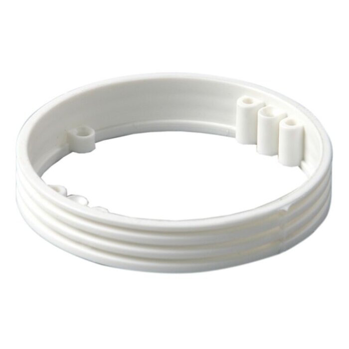 Vit plastkrans med tre små cylindrar på insidan, användbar för montering, föreslagen med lim eller clips i byggprojekt.
