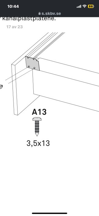 Diagram över montering av täckbitar med skruv A13 (3,5x13 mm) i aluminium på kanalplasttak från Skånska Byggvaror.