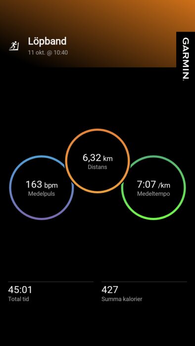 Garmin löpbandspass: 6,32 km distans, 163 bpm medelpuls, 7:07 min/km medeltempo, 45:01 totaltid, 427 kalorier förbrända.
