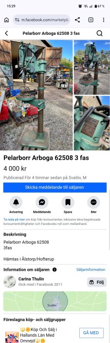 Pelarborrmaskin Arboga 62508 3 fas, med grön och stålgrå färg, placerad utomhus vid en byggnad med arbetsverktyg runtomkring.