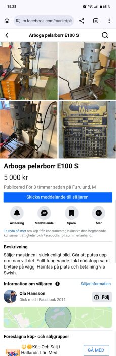 Arboga pelarborrmaskin E100 S i en verkstadsmiljö, med närbilder på borrmaskinens delar och en detaljerad skylt.