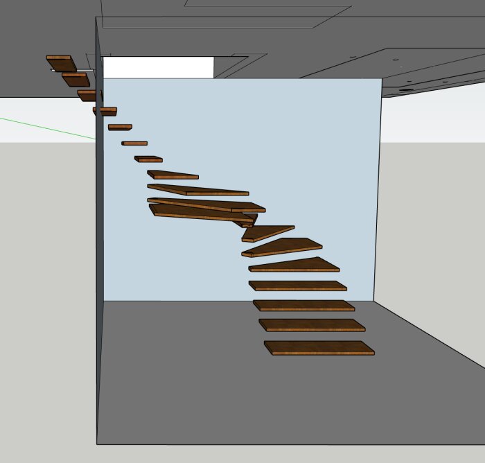 3D-modell av en svävande trätrappa i Sketchup, fäst vid en vägg, visar bristande takhöjd för bekväm passage.