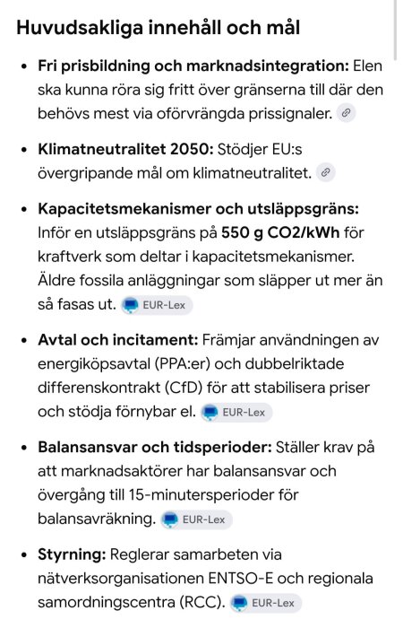 Text om elmarknad: marknadsintegration, klimatneutralitet 2050, utsläppsgräns 550 g CO2/kWh, energiköpsavtal, balansansvar, styrning via ENTSO-E.