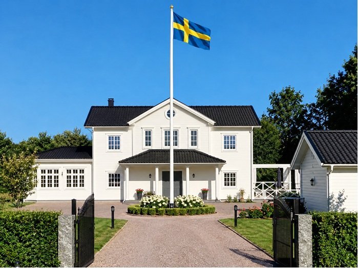 Vit tvåvåningsvilla med svart tak, svensk flagga i trädgården, symmetrisk fasad med runda fönster och stensatt gång, omgiven av grönska.