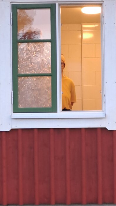 Vy genom ett fönster med gröna karmar; utsidan har röd panel. En person i gul tröja syns delvis inomhus.