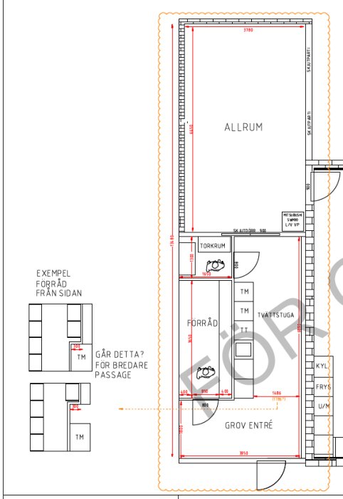 Planritning för ombyggnad av garage till boyta med allrum, groventré, tvättstuga, torkrum och förråd, visas med mått och dörrplaceringar.