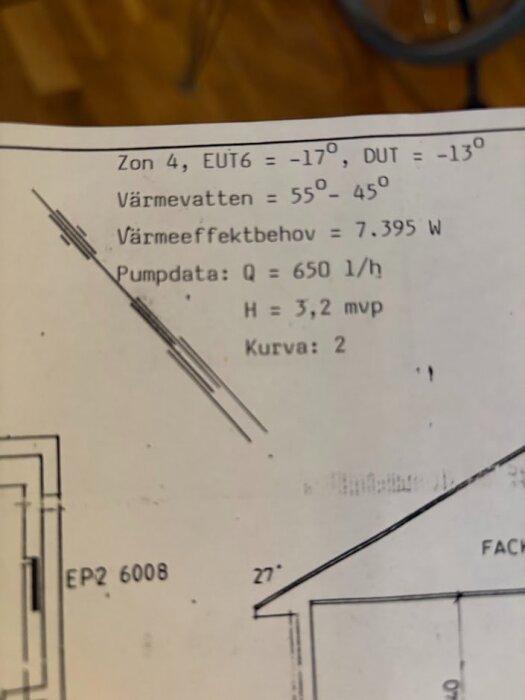 Ritning med specifikationer för ett enrörssystem, inkluderar värmevatten, värmeffektbehov, pumpdata och kurva.