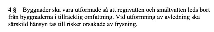 Text från byggregler om bortledning av regnvatten och smältvatten från byggnader, hänsyn till frysrisker nämns.