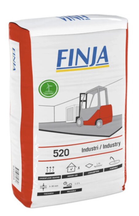 Påse med Finja 520 avjämningsmassa för industri, med illustration av en gaffeltruck i en industrimiljö.