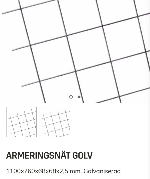 Armeringsnät för golv, galvaniserad, dimensioner 1100x760x68x68x2,5 mm.