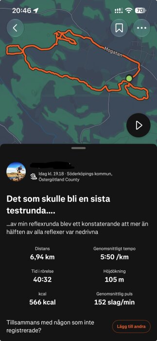 Löpning med en rutt på 6,94 km visas på karta. Detaljer inkluderar tempo 5:50/km, tid 40:32, höjddifferens 105 m, kalorier 566, snittpuls 152 bpm.