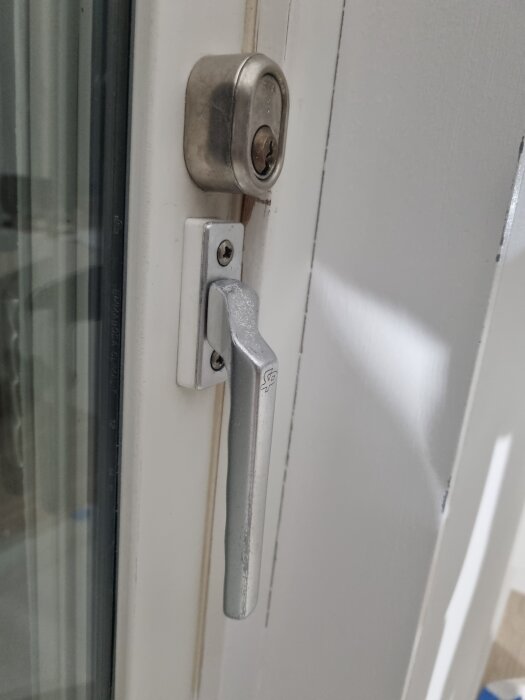 Altandörr från 1995 med ett handtag och lås, som ska uppgraderas med ett kodlås.