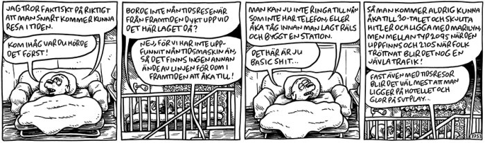 Serieillustration med en person i en fåtölj som diskuterar tidsresor och framtidsresenärer med en annan person i fyra paneler.