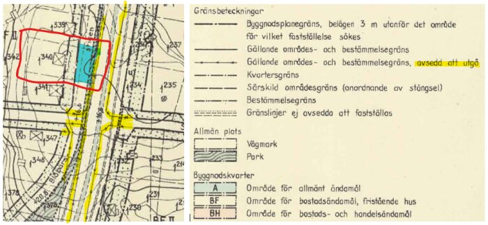 Karta med fastighetsgränser och symboler, markering av byggnadsplaner och områdesgränser i färger. Lista över olika gränsbeteckningar till höger.