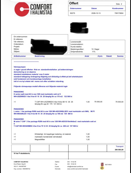 Offert från Comfort i Halmstad för byte av panna och installation av värmepump i tvättstuga, med detaljer och total kostnad på nästan 280000 kr.