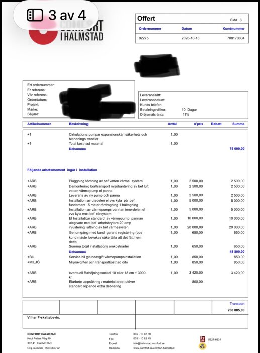 Offert för tvättstuga på 4m² innehållande byte av panna, med detaljerad beskrivning av materialkostnader och arbetsmoment, totalt 280000 kr.