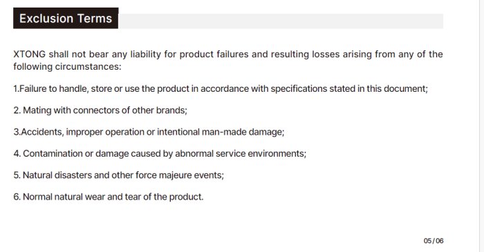 Exclusion terms list for XTONG products, detailing circumstances under which liability for failures and losses is not covered, such as misuse and natural wear.