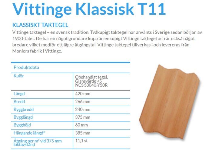 Vittinge Klassisk T11 taktegel, produktdata och specifikationer för läktavstånd visas tillsammans med en bild av en takpanna.