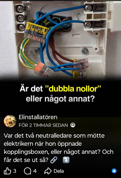 Öppen kopplingsbox med flera kablar i olika färger anslutna till kopplingsplintar, text ovanför med ordet "dubbelnollor".
