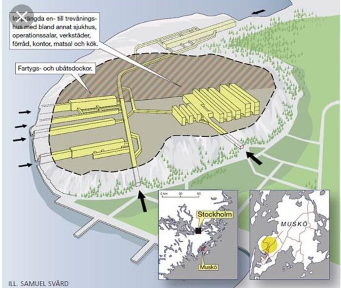 Karta över Musköbasen med illustration av underjordiska faciliteter som sjukhus och dockor samt två infällda kartor som visar läget i Stockholms skärgård.