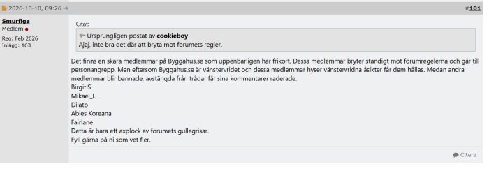 Bild av ett forumdiskussionsinlägg där användaren "Smurfiga" kommenterar en lista över favoritanvändare på Byggahus.se-forumet.