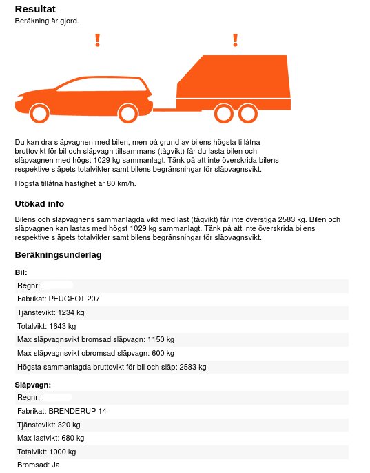 Illustration och beräkningsdata för ett bromsat släp, max släpvagnsvikt 1150 kg, totalvikt 1643 kg, kopplat till en Peugeot 207 för BE-körprov.