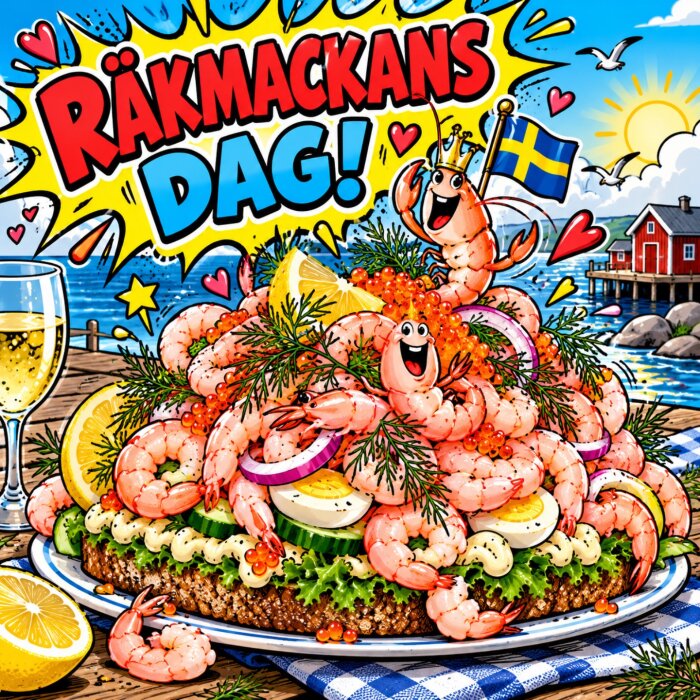 Tecknad räksmörgås med dill, citron, och lök, firar "Räkmackans dag" vid vattnet med svensk flagga och glada räkor, sol och stuga i bakgrunden.
