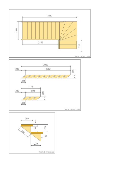 Illustration av trappdesign med måttangivelser för steghöjd och lutning, skapad på zhitov.com.
