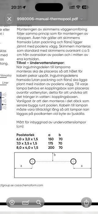 Sida från manual för poolinstallation visar instruktioner för montering av skimmer och undervattenslampor med mått och diagram.