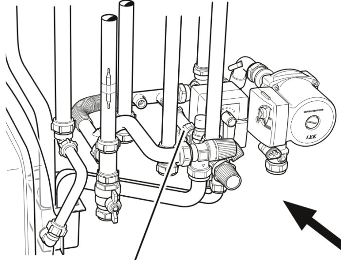 Illustration av rörsystem och pump i värmesystem, med markering vid en läcka.