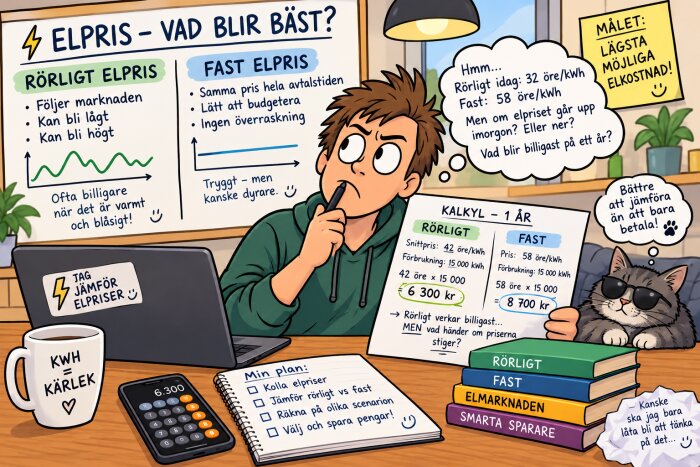 Illustration av person som jämför rörligt och fast elpris, med kalkyl och böcker om elmarknaden, mål att sänka elkostnader. Katt med solglasögon.