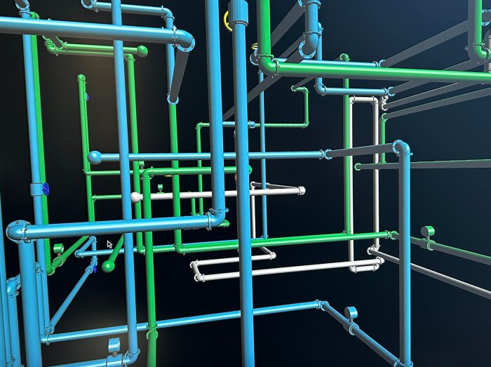 3D-illustration av ett komplext nätverk av blå, gröna och vita rör mot en mörk bakgrund.