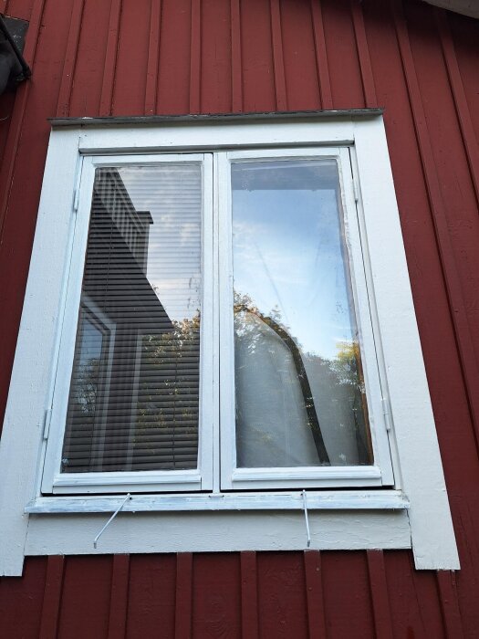 Renoverat fönster med vitt linoljekitt och linoljefärg, monterat i en fasad av röd träpanel.