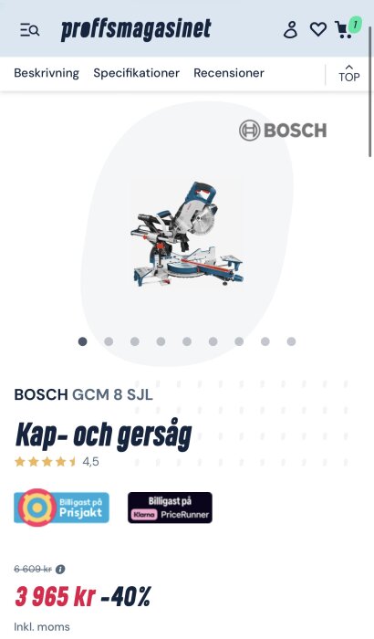 Kap- och gersåg Bosch GCM 8 SJL på Proffsmagasinet med pris 3 965 kr, visar 40 % rabatt och prisjämförelser från Prisjakt och PriceRunner.