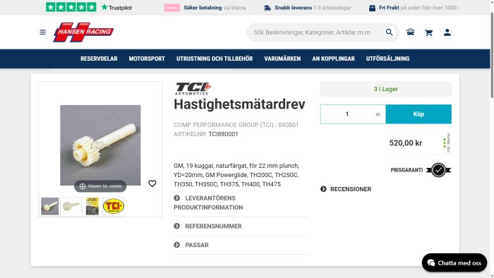 Katalogbild av ett hastighetsmätardrev från TCI Automotive, säljs för 520 kr hos Hansen Racing, passar flera GM-modeller.