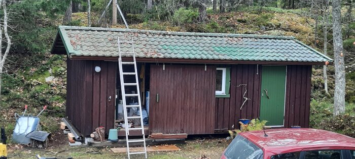 Brun träbyggnad i skogsmiljö med grönt tak, en stege lutad mot taket, och en röd bil parkerad framför. En skottkärra står bredvid byggnaden.