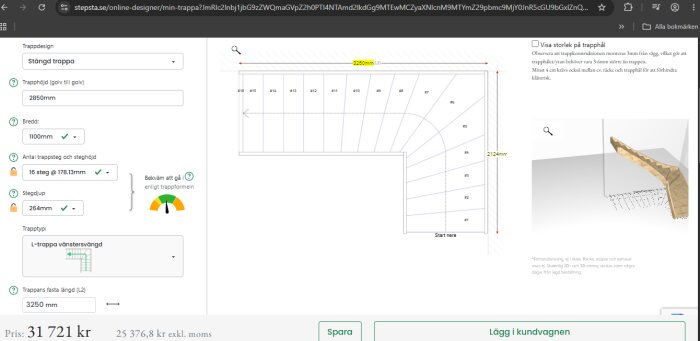 Trappdesign i 3D med L-formad vänstersvängd trätrappa, inklusive mått och dimensioner. Steghöjd och stegdjup visas för användarvänlighet.