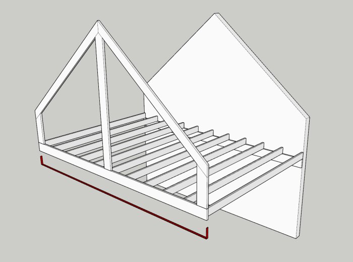Sketch of a mezzanine structure with triangular trusses and a wall, featuring a red steel flat bar under the beams for reinforcement.