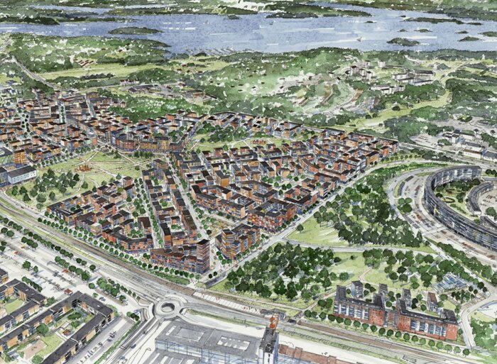 Illustration av en modern förort med bostäder, grönområden, vägar och en närliggande sjö i bakgrunden. Sökmotoroptimerad för bostadsprojekt.