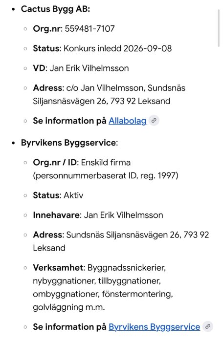 Information om företagen Cactus Bygg AB och Byrvikens Byggservice inklusive organisationsnummer, status, VD/innehavare och verksamhetsdetaljer.