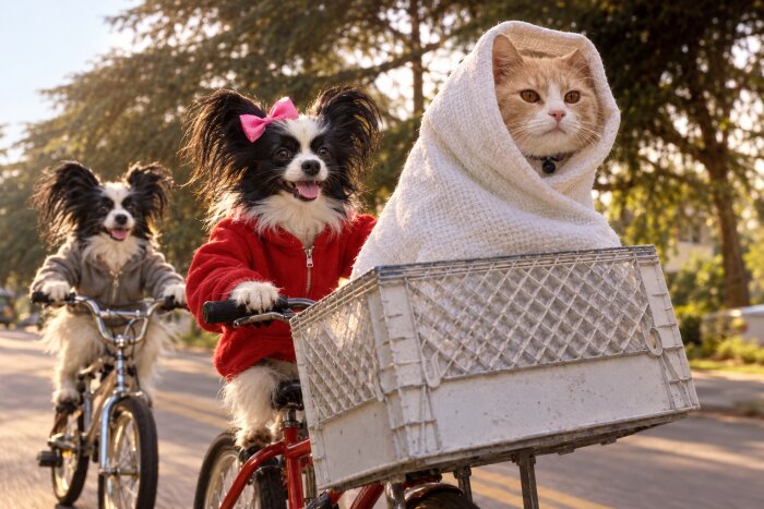 Två hundar cyklar på varsin cykel. En hund med röd tröja har en katt i filtar i cykelkorgen.